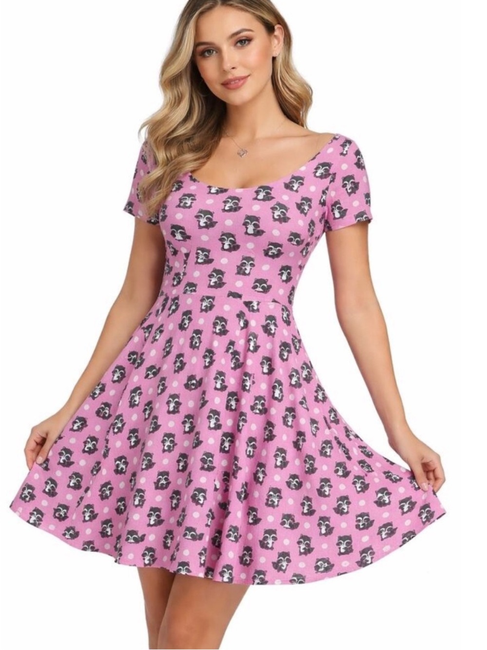 Eva Rose Pink Raccoon Print Dress - Size Small